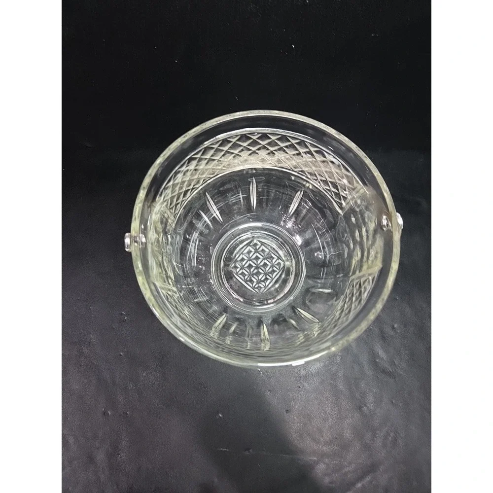 Art Deco‎ Ice Bucket, Cut Diamond Glass, Hammered Silver Handle, Bar Accessory
